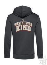 Dunkelgrauer männer zip-up hoodie mit verblasstem weiß-rotem westkurvenkind grafik auf der rückseite