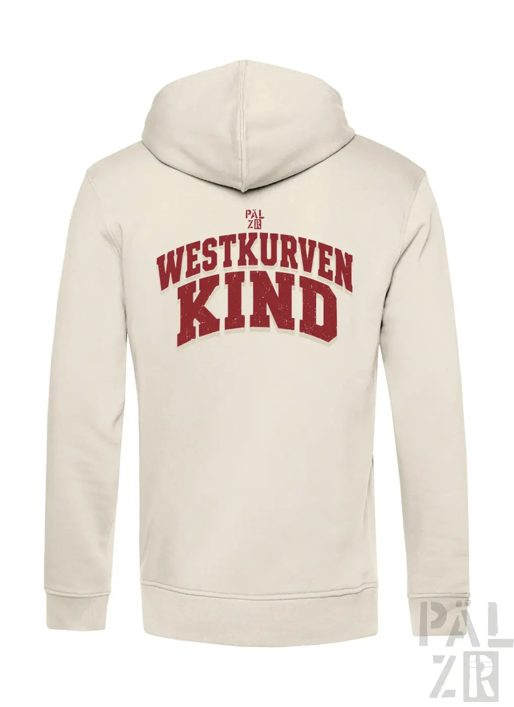 Creamfarbener herren zipper hoodie mit rotem westkurvenkind schriftzug auf der rückseite in verschiedenen farben