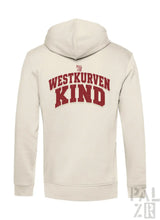 Creamfarbener herren zipper hoodie mit rotem westkurvenkind schriftzug auf der rückseite in verschiedenen farben
