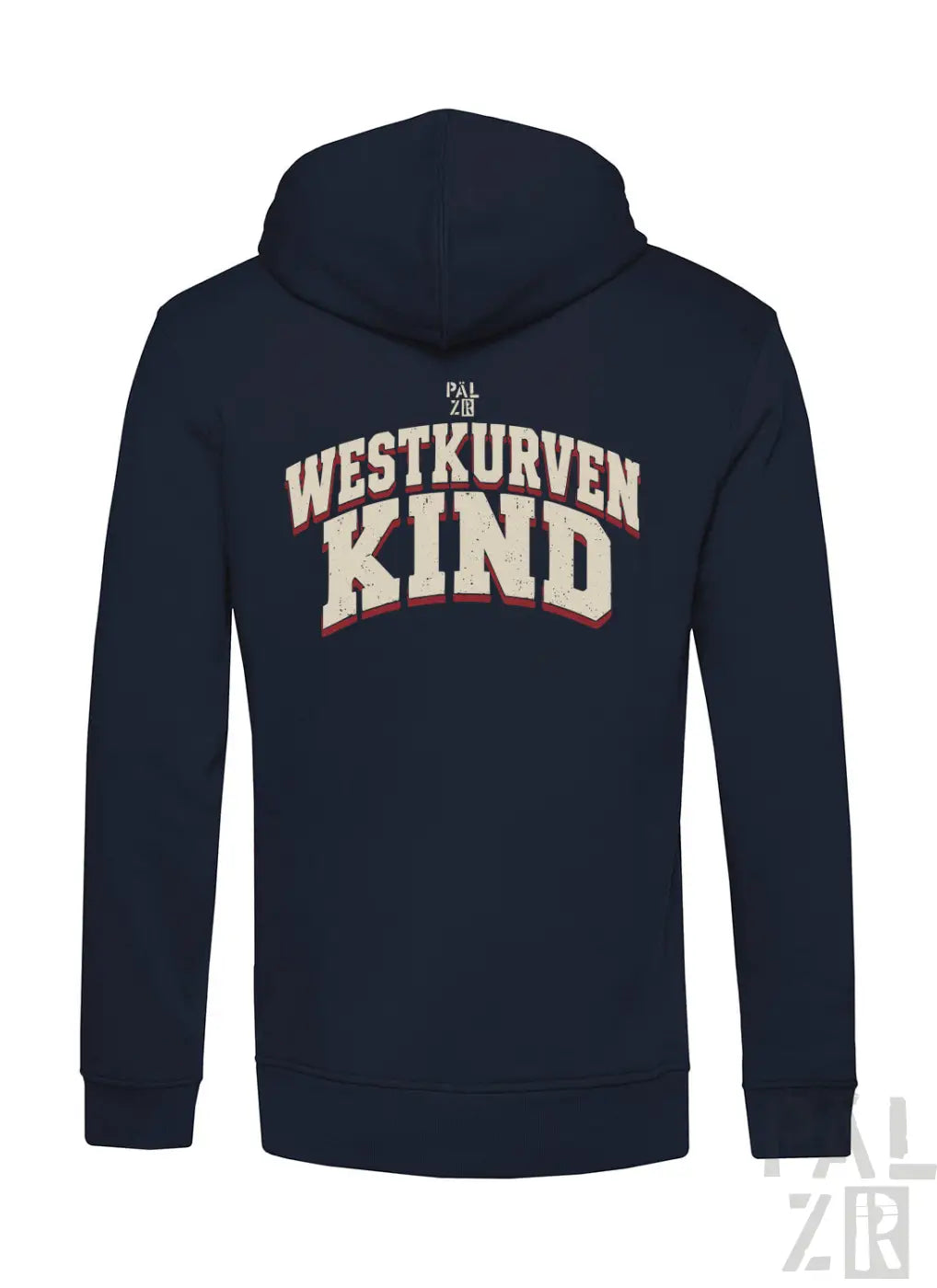 Navy blauer zipper für männer mit distressed westkurvenkind grafik in weiß und rot auf der rückseite