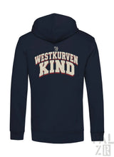 Navy blauer zipper für männer mit distressed westkurvenkind grafik in weiß und rot auf der rückseite