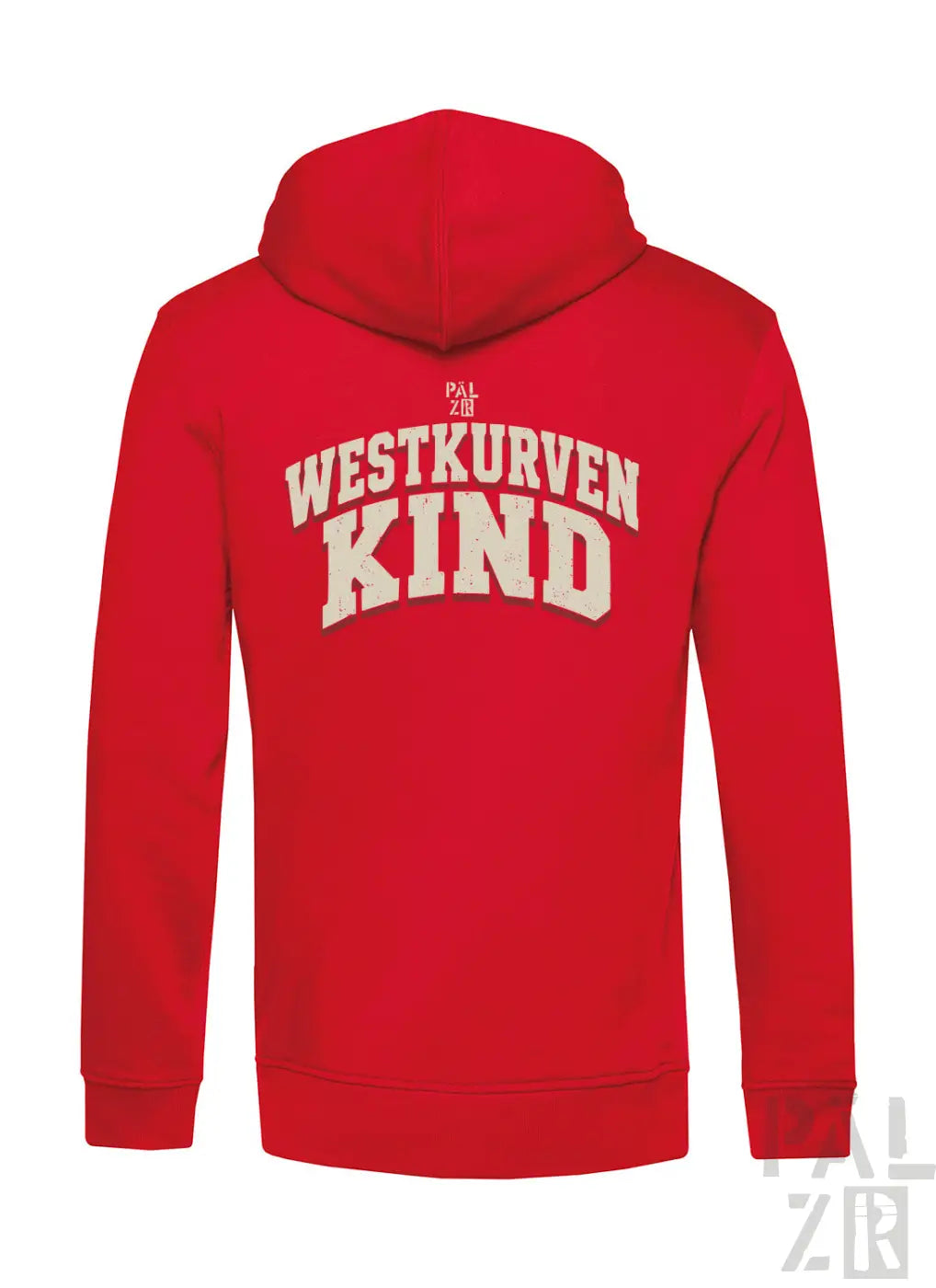 Roter zip-up hoodie mit creamfarbener westkurvenkind schrift auf der rückseite für männer in verschiedenen farben