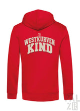 Roter zip-up hoodie mit creamfarbener westkurvenkind schrift auf der rückseite für männer in verschiedenen farben