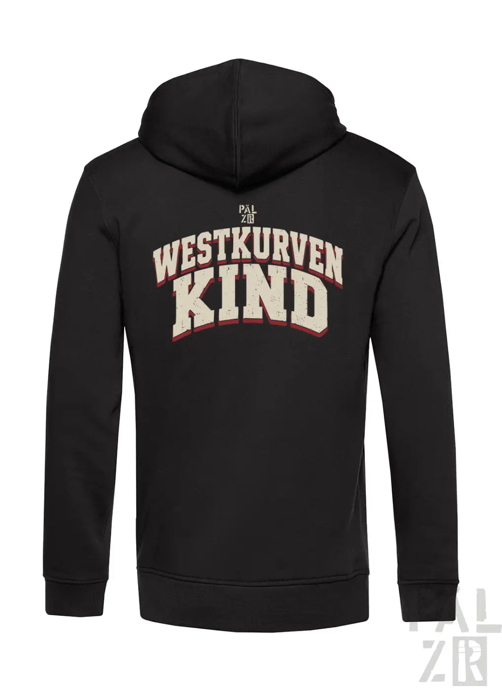 Schwarzer zip-up hoodie für männer mit distressed weiß-rotem westkurvenkind grafik auf der rückseite