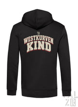 Schwarzer zip-up hoodie für männer mit distressed weiß-rotem westkurvenkind grafik auf der rückseite