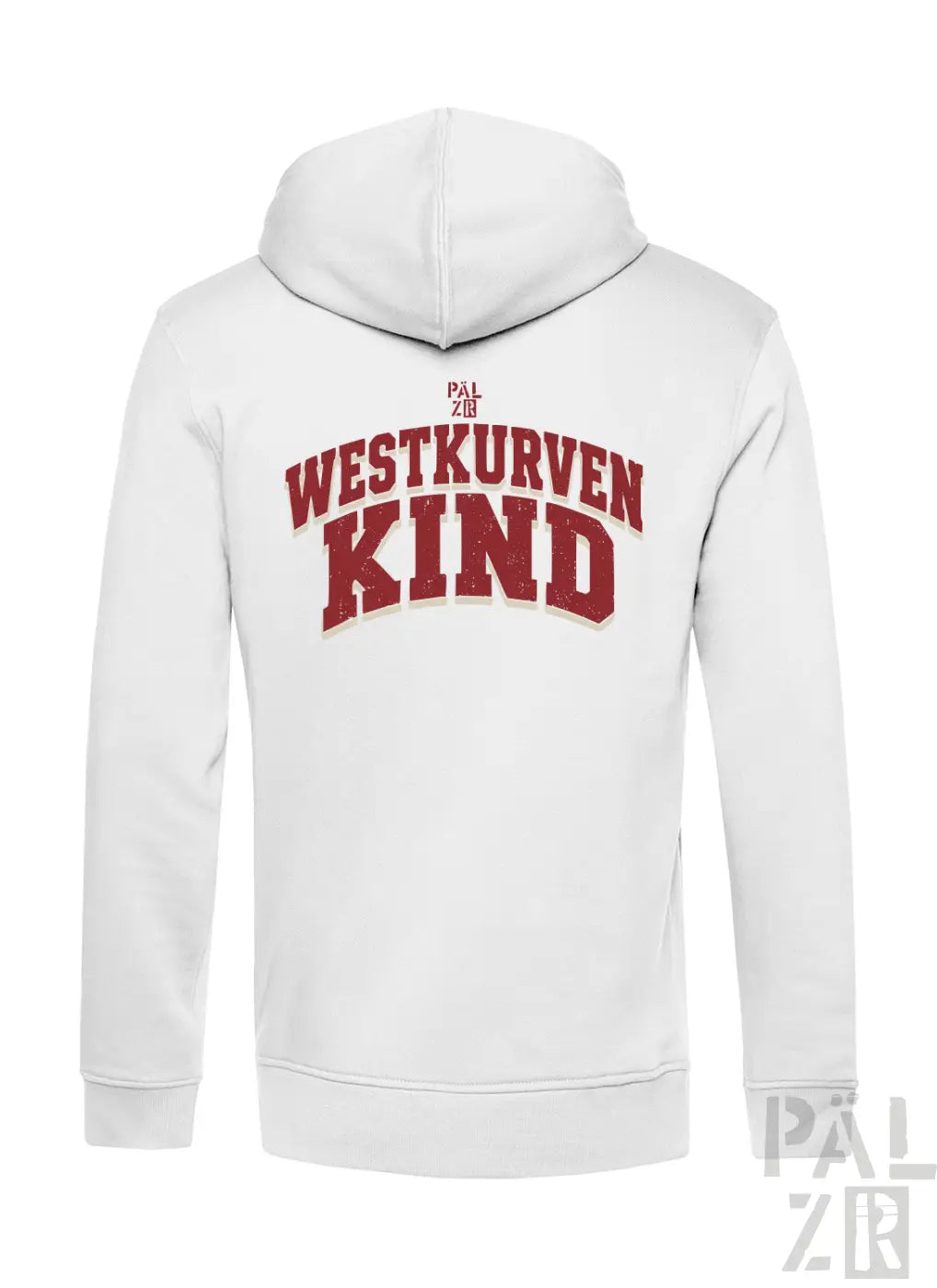 Weißer zipper für männer mit rotem westkurvenkind schriftzug auf der rückseite in verschiedenen farben