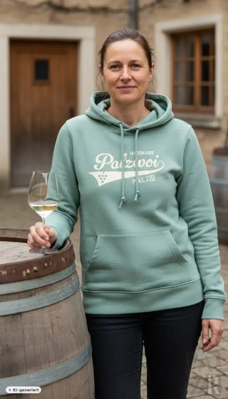 Frauen mintgrüner hoodie von palzwoi mit weißem logo und weinrebenmotiv in verschiedenen farben