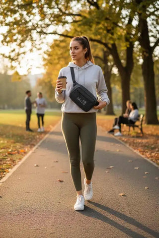 Olivgrüne Leggings mit weißen Sneakers und einer grauen Hoodie, mit einer schwarzen Taillen Tasche mit ’halo’ Branding.