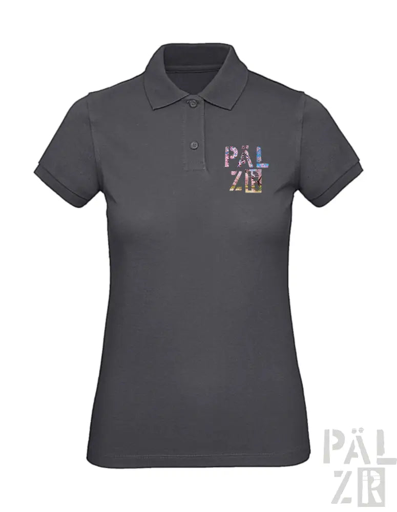 Dunkelgraues Poloshirt mit farbenfrohem ’palzir’-Logo-Design auf der Brust, aus einer Baumwolle- und Polyestermischung.