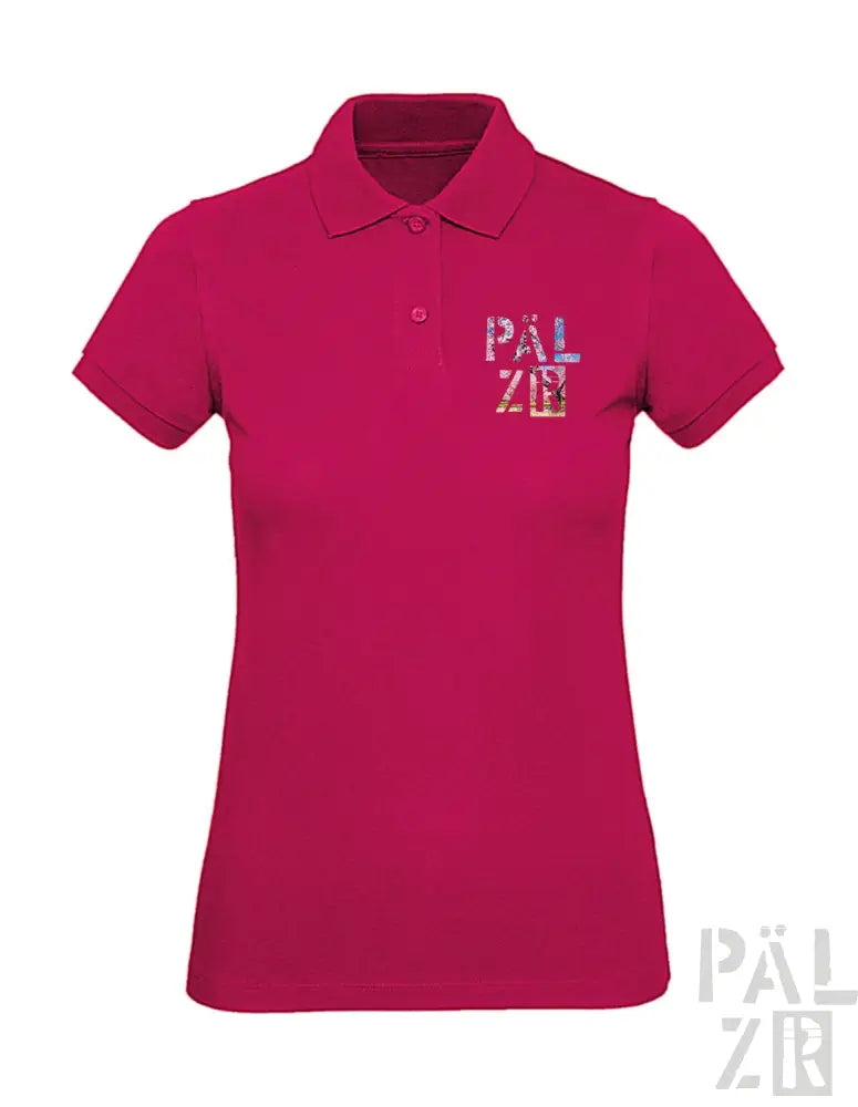 Magenta Poloshirt mit ’pal zir’-Logo in weißem und schwarzem Design, aus Baumwolle gefertigt.