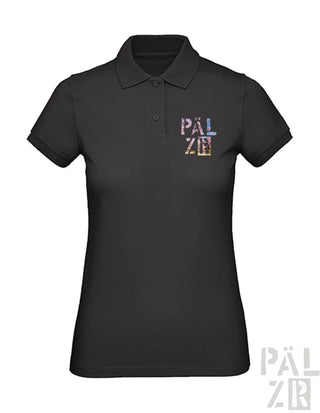 Schwarzes Poloshirt mit farbigem ’palzb’-Logo auf der Brust, aus Baumwolle gefertigt.