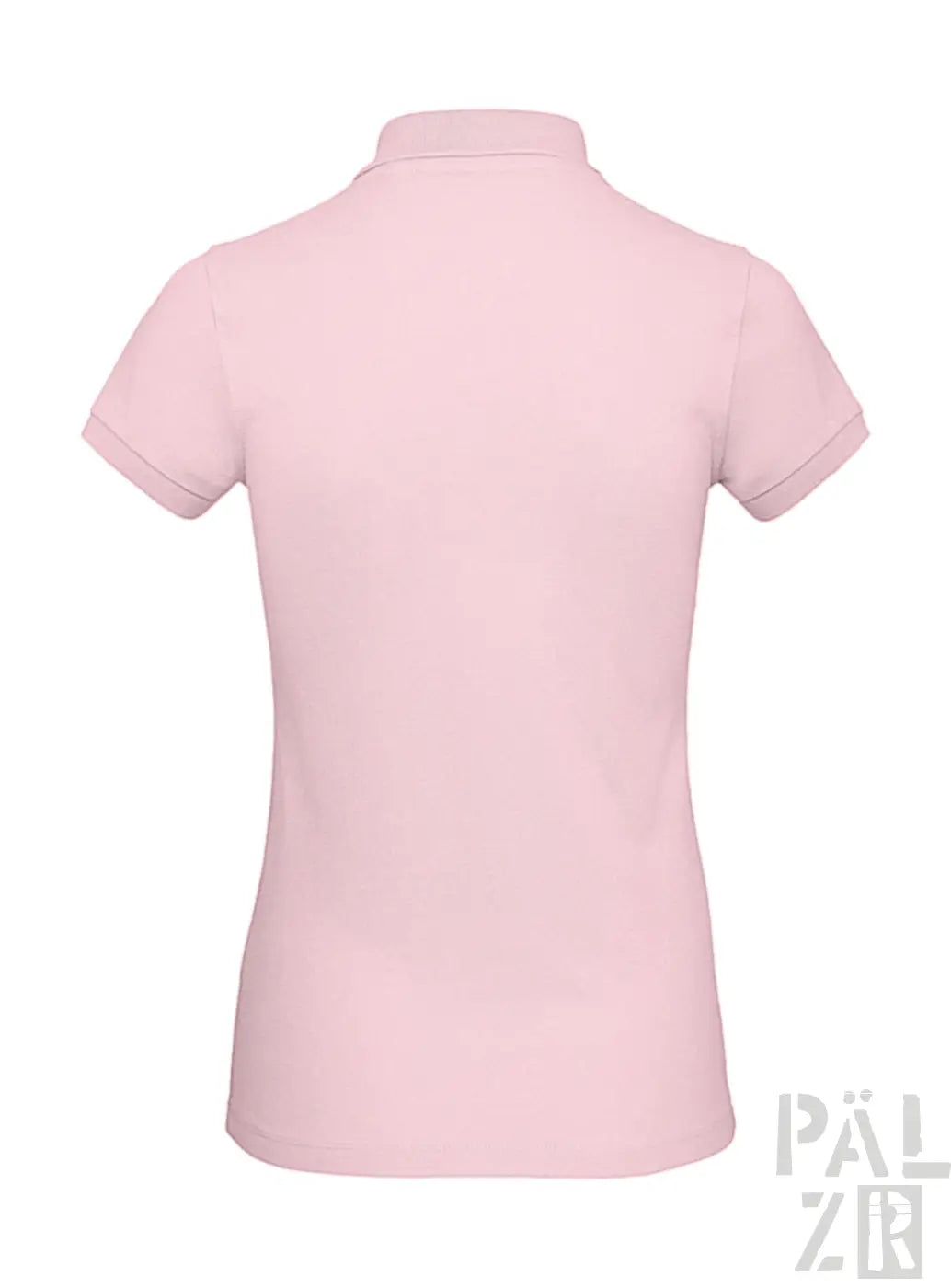 Hellrosa Poloshirt mit kurzen Ärmeln und Kragen.