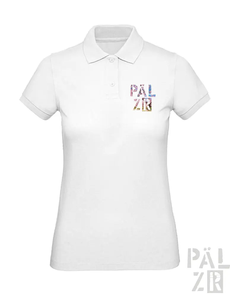 Weißes Poloshirt mit farbenfrohem „palzr“-Logo auf der Brust, aus Baumwolle gefertigt.