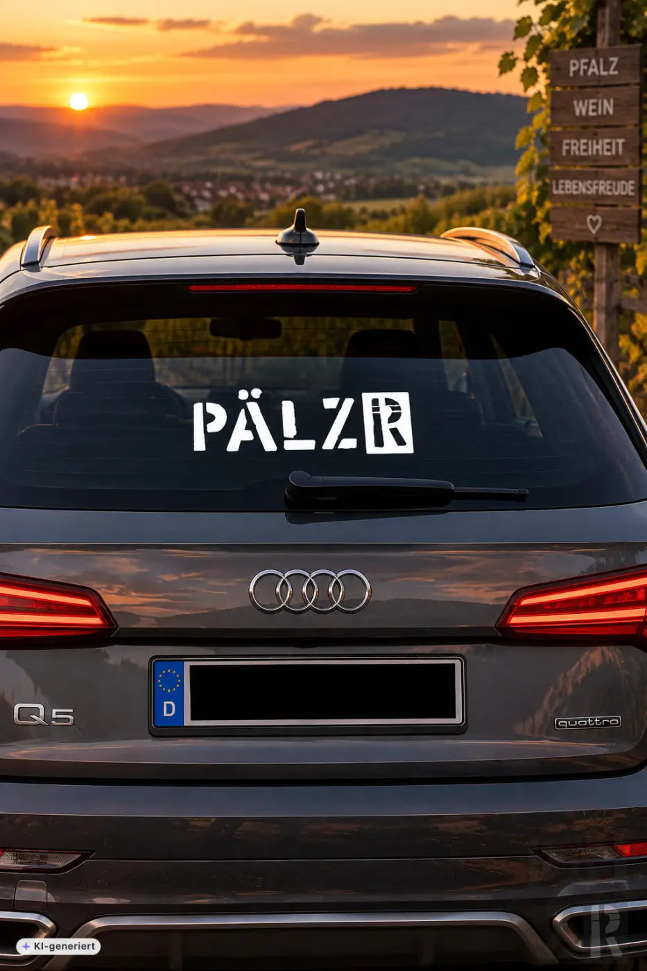Dunkelgrauer audi q5 suv mit weißem pälzr autoaufkleber auf der rückscheibe im vorstellen von pälzr autoaufkleber