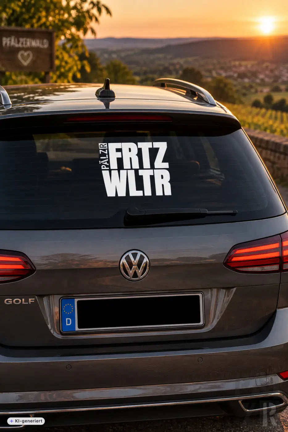 Weißer fritz wltr autoaufkleber auf der heckscheibe eines dunkelgrauen volkswagen golf von pälzr