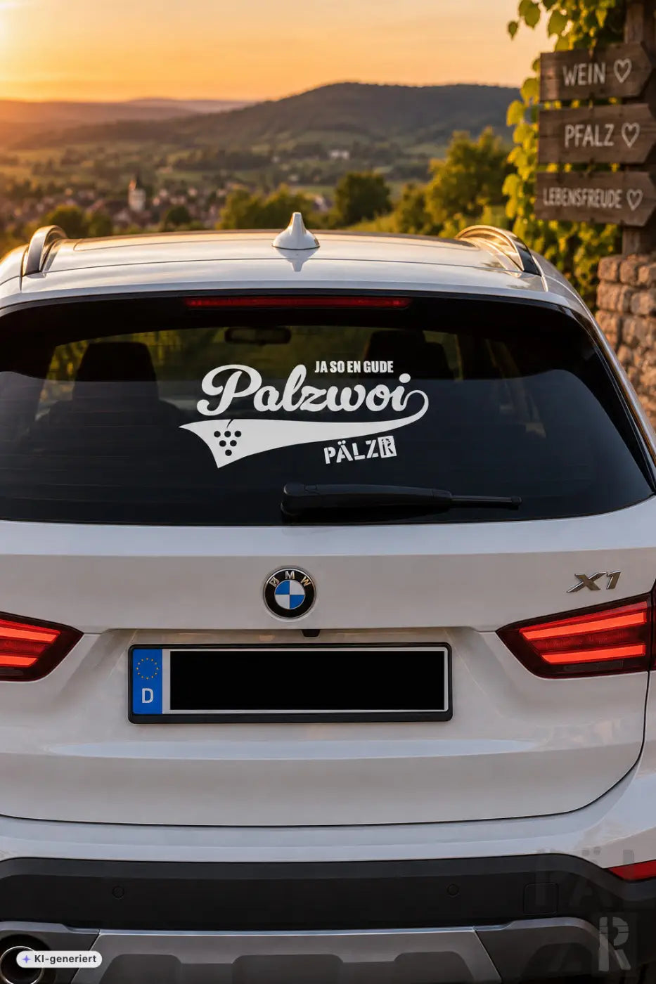 Weißer bmw x1 suv von hinten mit dekorativem palzwoi autoaufkleber aus der pälzr kollektion