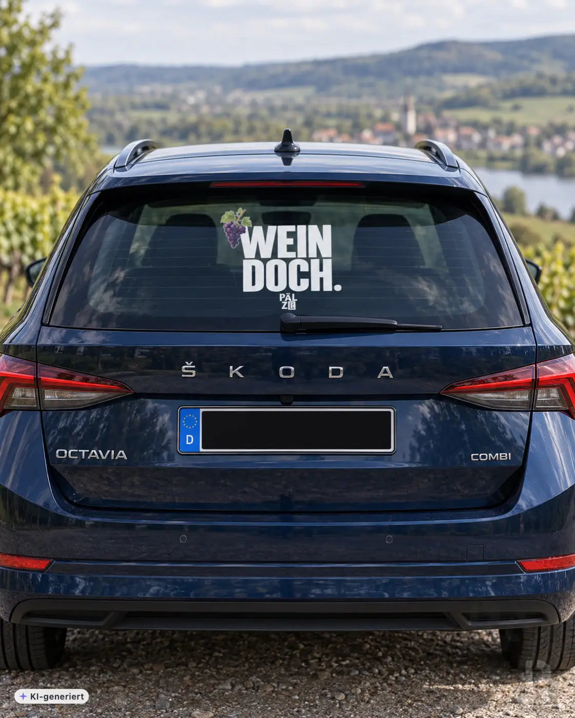 Dunkelblauer skoda octavia combi mit weißem wein doch autoaufkleber auf der hinteren seitenscheibe pâlzr autoaufkleber