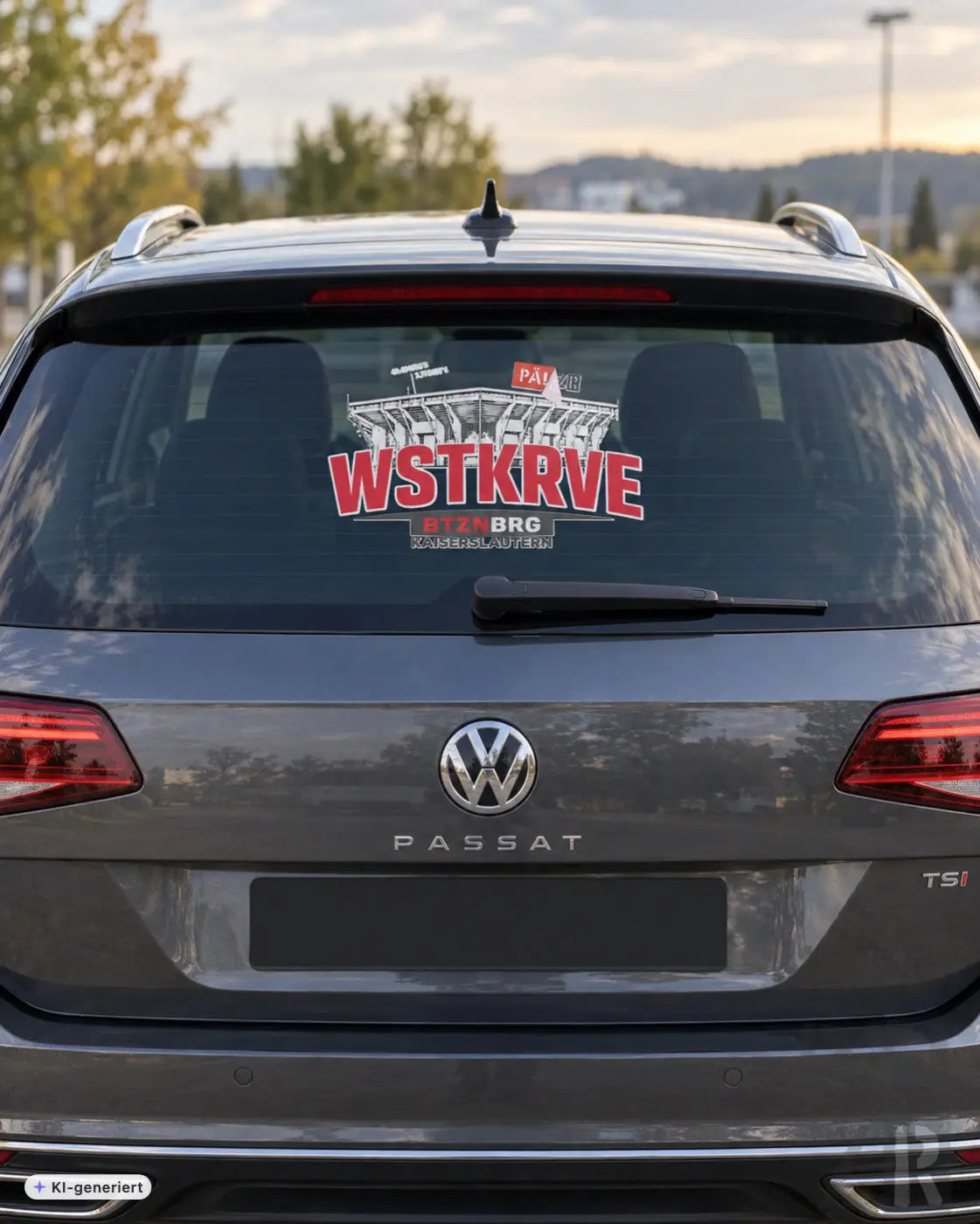 Rückansicht eines dunkelgrauen volkswagen passat tsi mit rotem und weißem sportteam autoaufkleber von pälzr