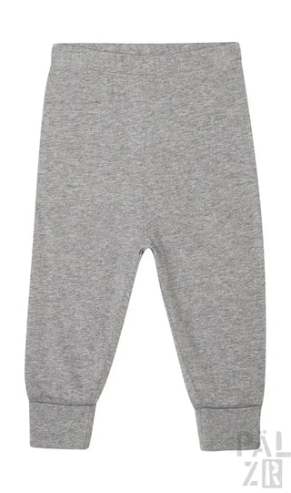 Graue Baby-Jogger-Hosen mit elastischem Bund und Bündchen, wahrscheinlich aus weichem Baumwoll- oder Polyester-Mix gefertigt.