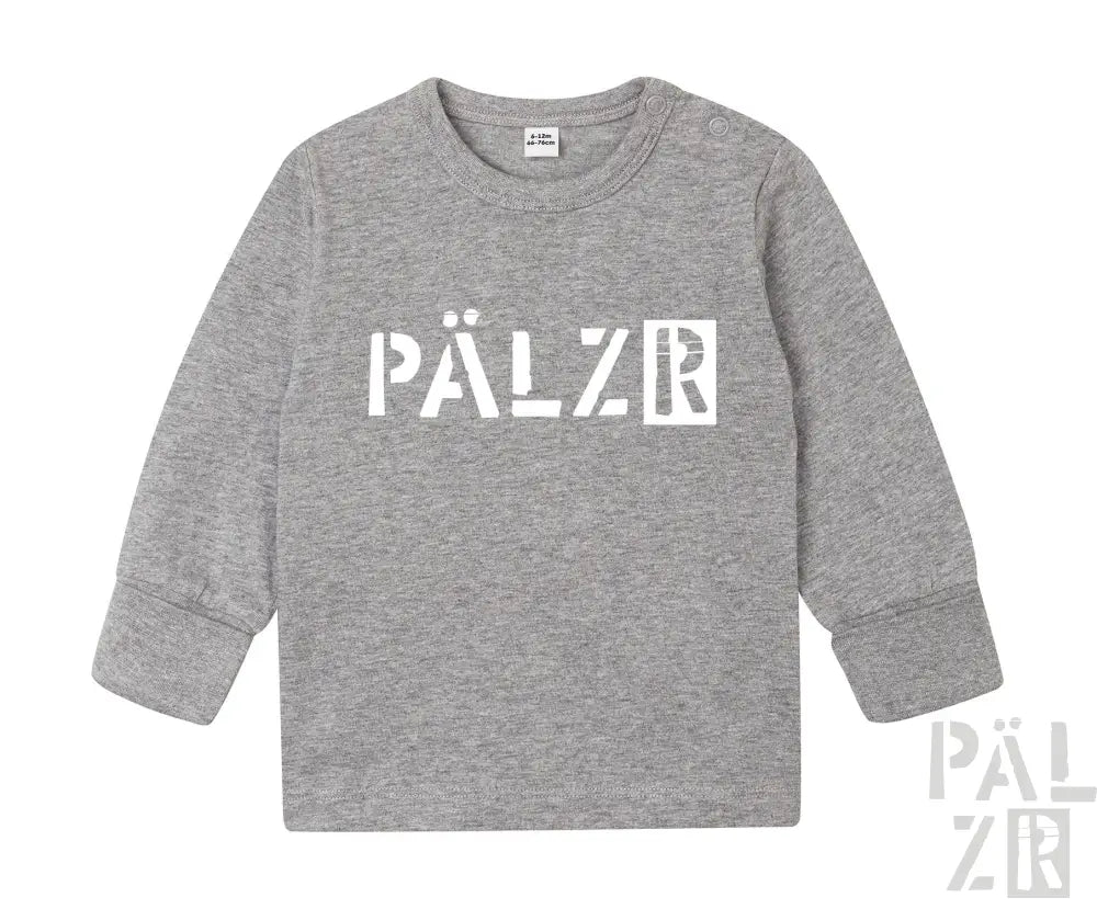Graue Melange Langarm-T-Shirt mit ‚pälzr‘-Logo in Weiß, jbc Marke.