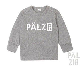 Graue Melange Langarm-T-Shirt mit ‚pälzr‘-Logo in Weiß, jbc Marke.