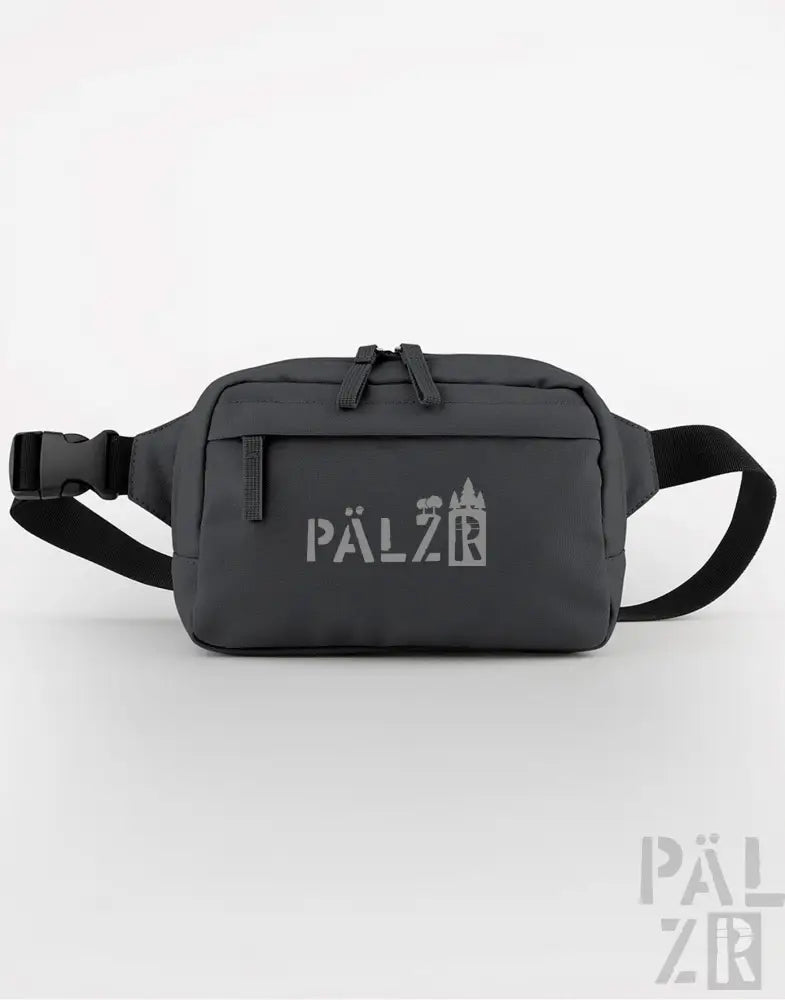 Kohle-graue Taillentasche mit schwarzem Tragegurt und Logo.