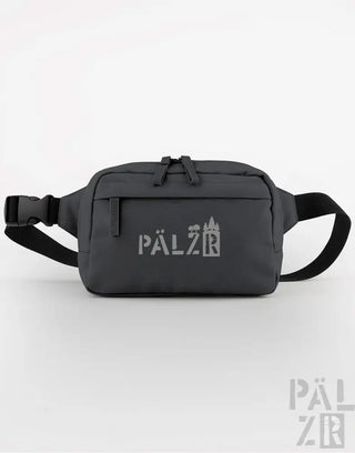 Kohle-graue Taillentasche mit schwarzem Tragegurt und Logo.