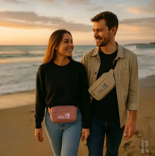 Rosa Hüfttasche mit ‚pal‘-Logo, aus Stoff gefertigt.