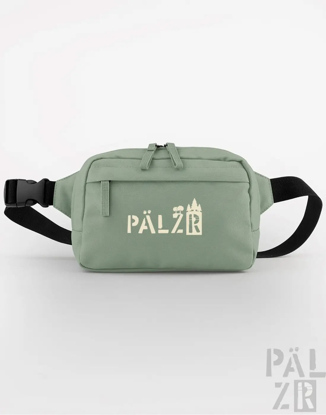 Salbeigrüne Taillen Tasche mit weißem Logo und verstellbarem Gurt.