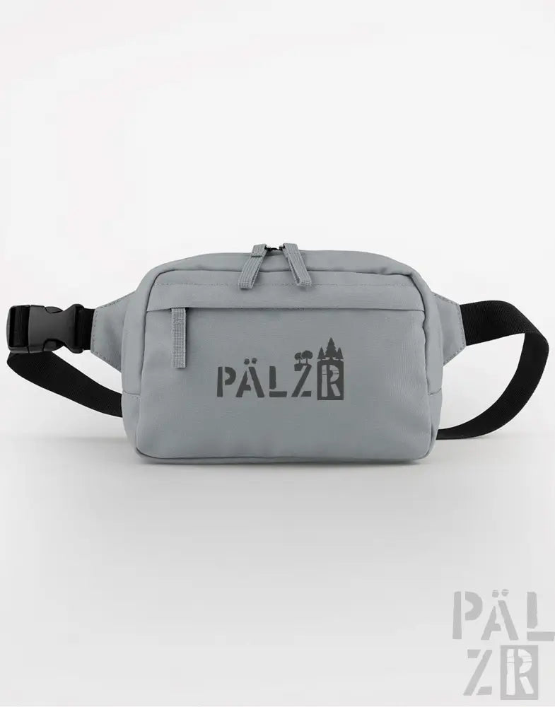 Graue Taillen Tasche mit schwarzem Logo und Gurt, pälzr Marke.