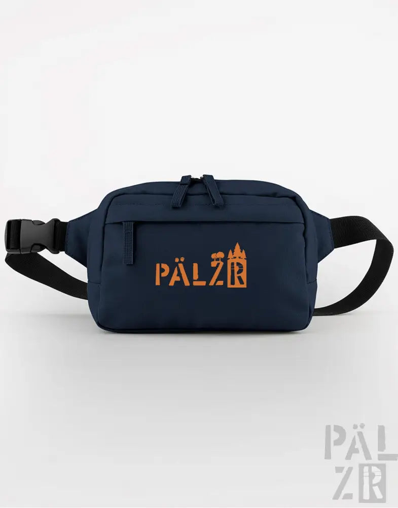 Marineblaue Taillen Tasche mit orangem und weißem Logo, verstellbarer Gurt.