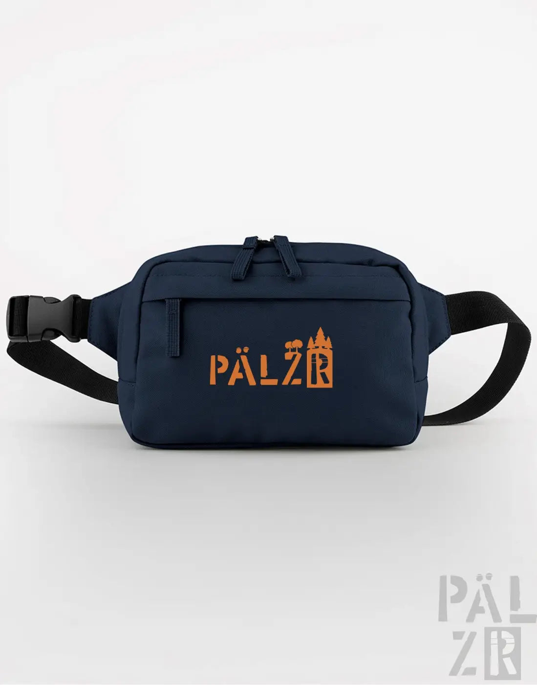 Marineblaue Taillen Tasche mit orangem und weißem Logo, verstellbarer Gurt.