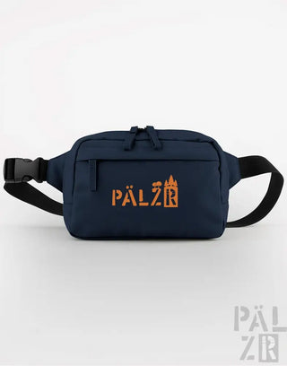 Marineblaue Taillen Tasche mit orangem und weißem Logo, verstellbarer Gurt.