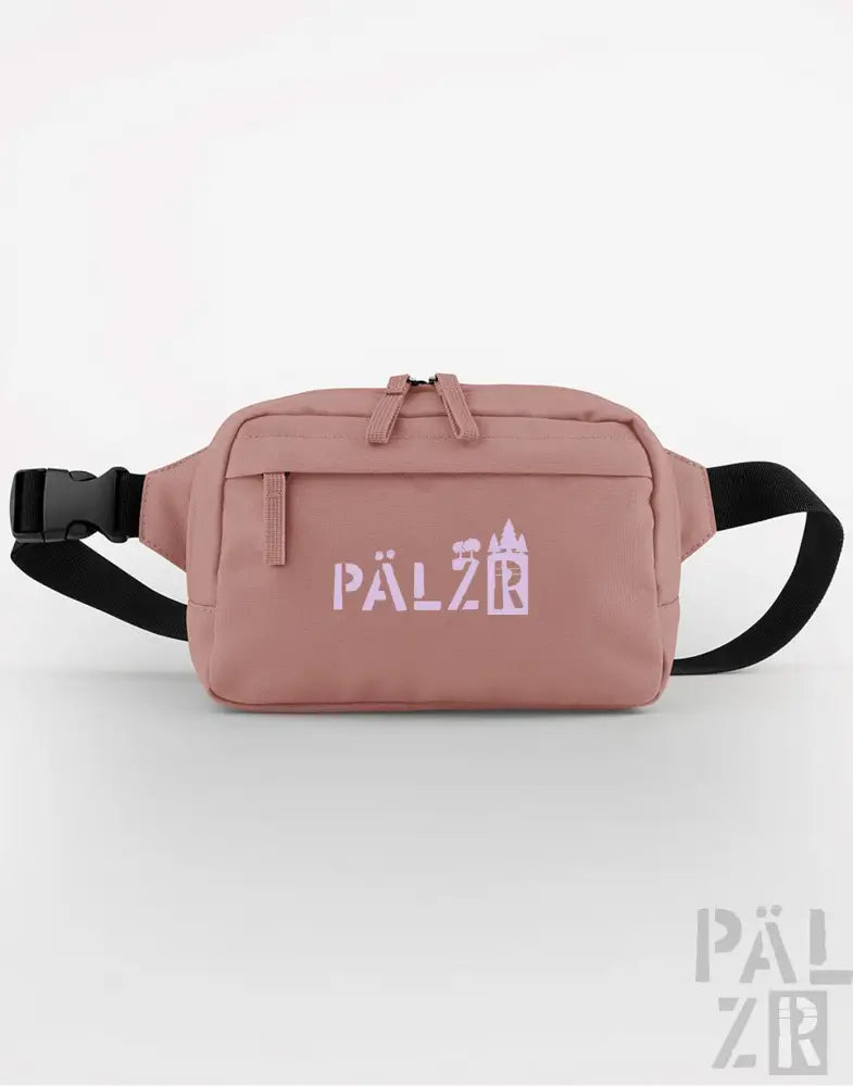 Dusty rose Taillenbeutel mit schwarzem Gurt und pinkem Logo, pälzr Marke.