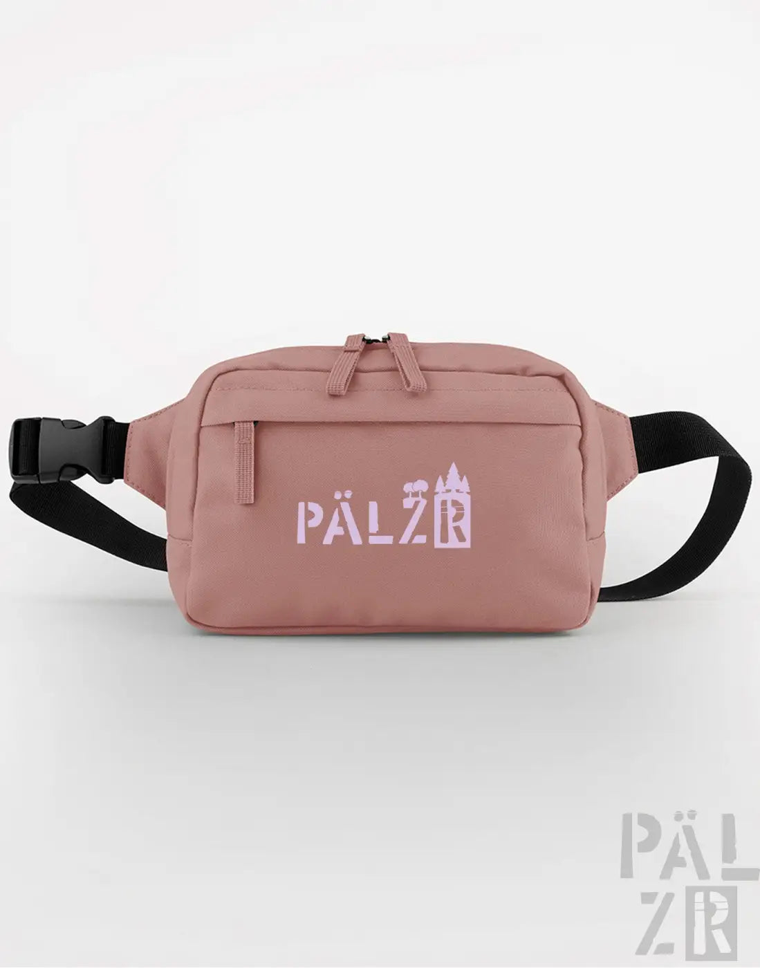 Dusty rose Taillenbeutel mit schwarzem Gurt und pinkem Logo, pälzr Marke.