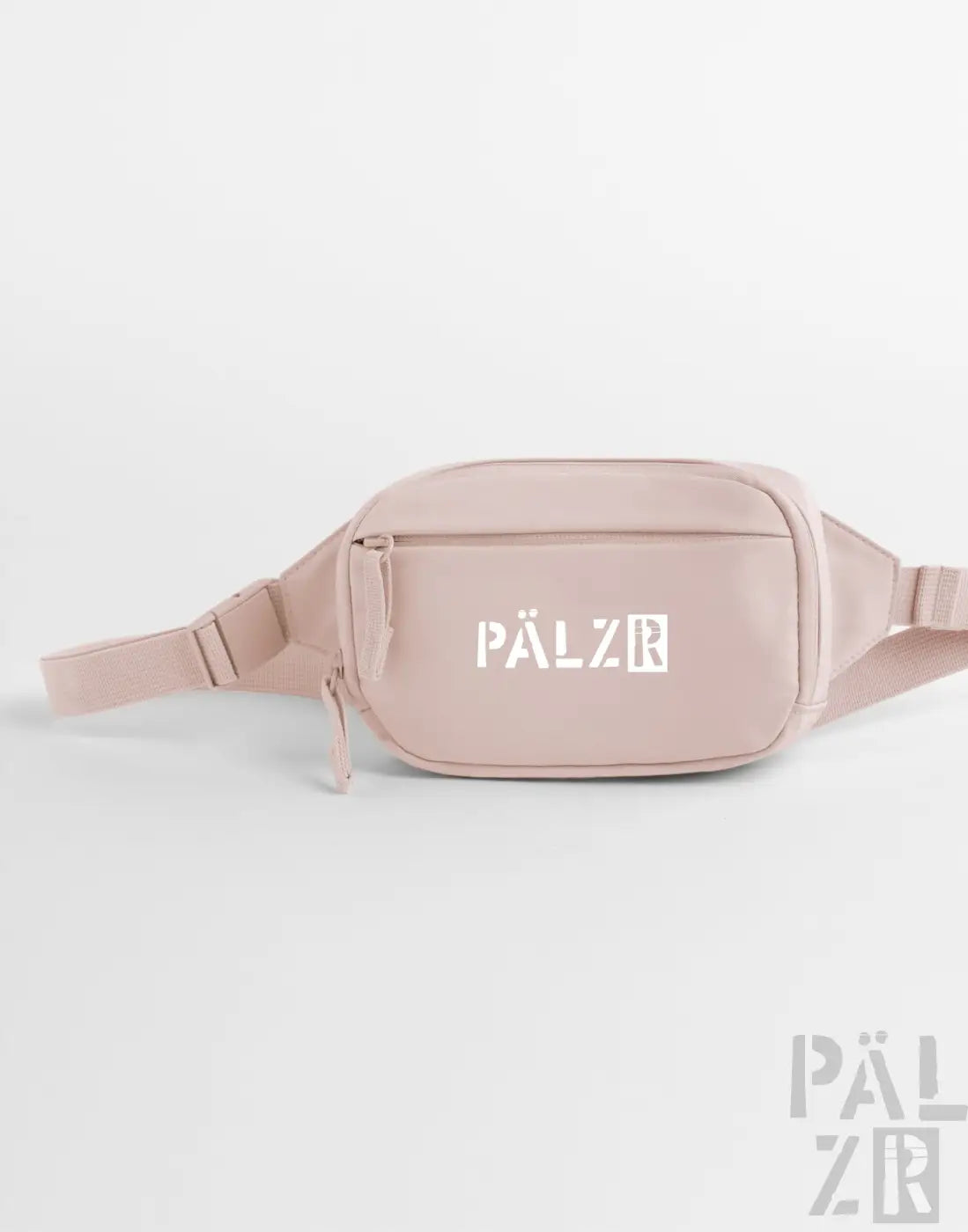 Ein blush pinker pälzr waist bag mit minimalistischem design und weißem logo vorne in verschiedenen farben