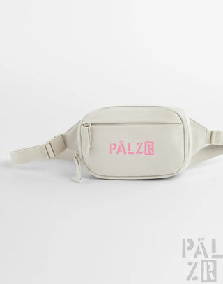Beige pälzr studio waist bag with pink logo and zipper details in various colors