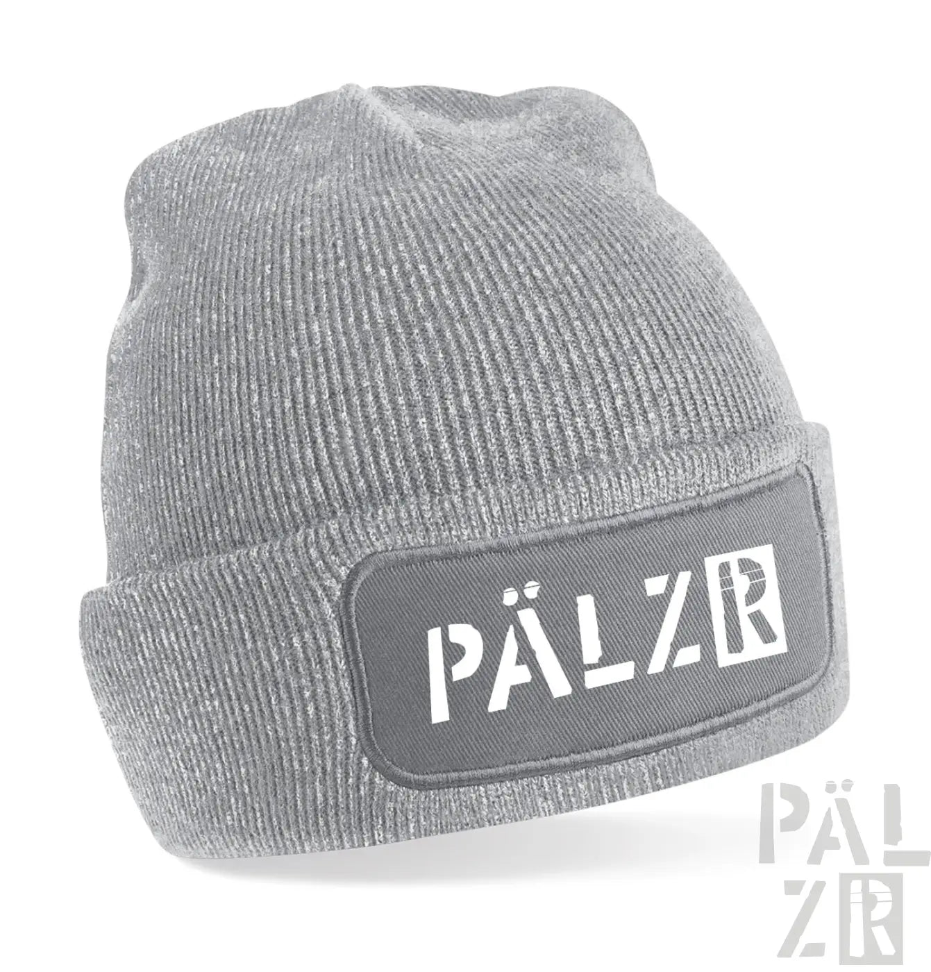 Graue Cordmütze mit ’pälzr’-Patch-Design.