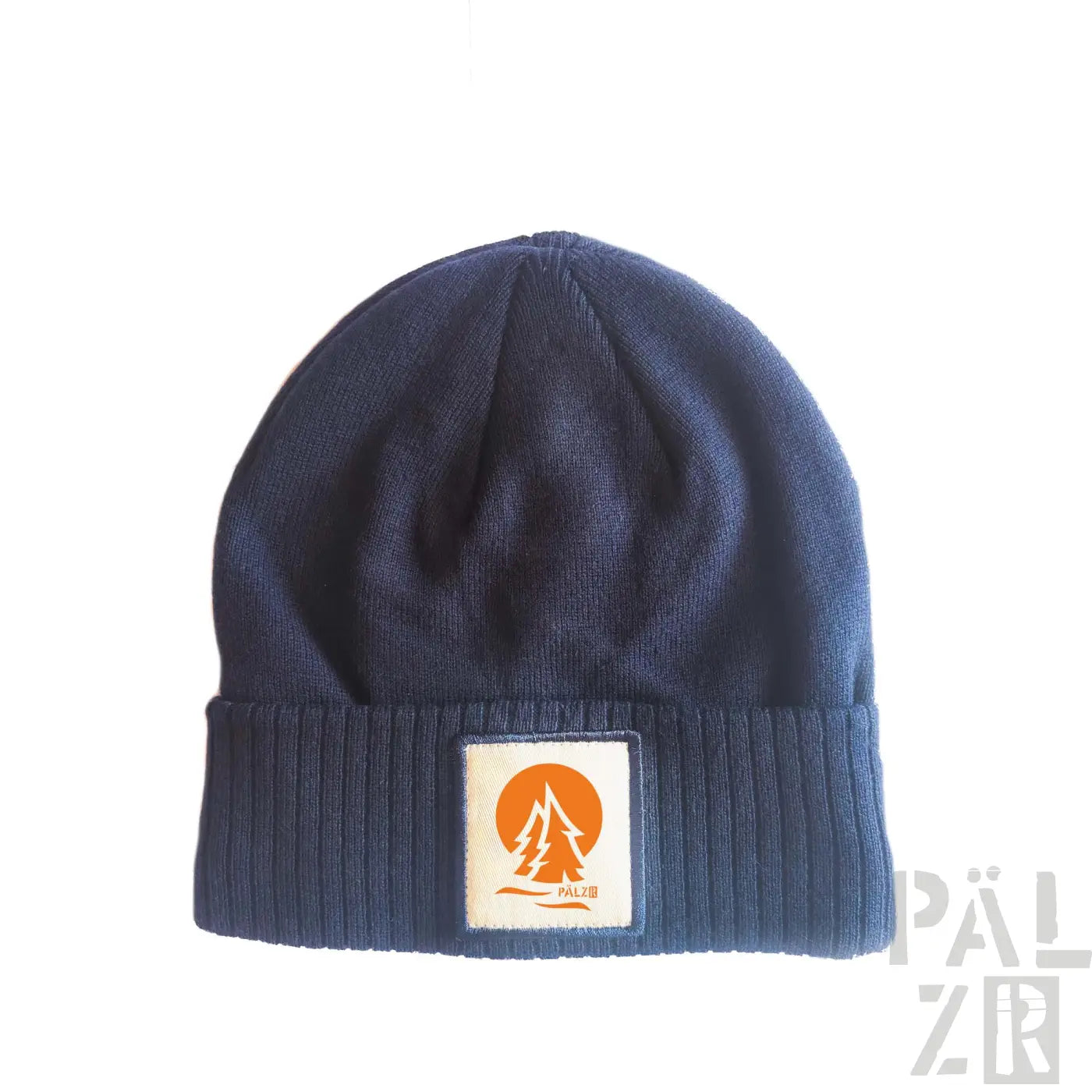 Marineblaue gerippte Mütze mit orangefarbenem und weißem Logo-Patch mit Baum-Design.