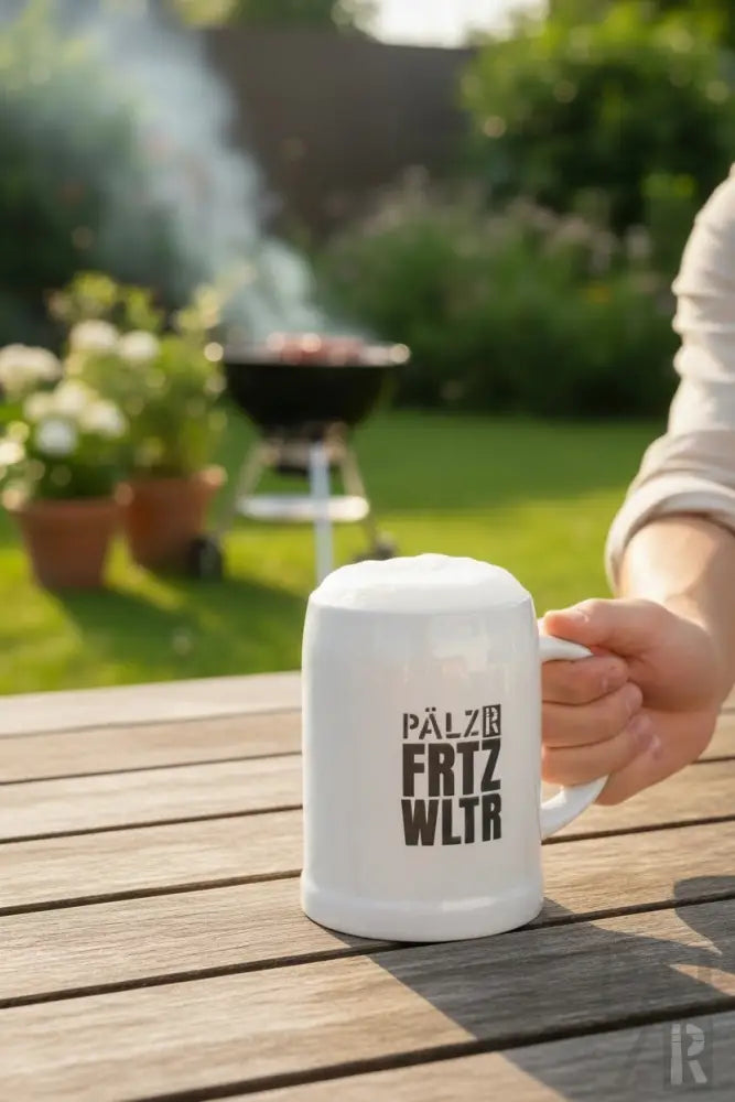 Weißer keramik bierkrug pälzr fritz wltr mit henkel auf holztisch im außenbereich aus pälzr bierkrug serien