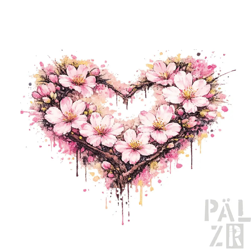 Ein Aquarell-Herz, das aus zarten rosa Kirschblüten und dunklen braunen Ästen besteht, akzentuiert mit Spritzern von gelber und schwarzer Farbe, die nach unten tropfen.