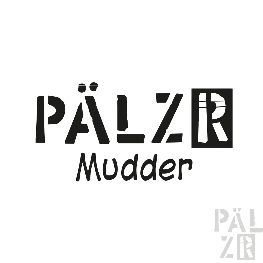 Schwarzes ’pälzer mudder’ Logo mit stilisierten, handgezeichneten Buchstaben und einem quadratischen Blockdesign für das ’r’.