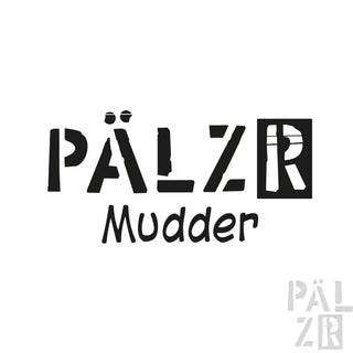 Schwarzes ’pälzer mudder’ Logo mit stilisierten, handgezeichneten Buchstaben und einem quadratischen Blockdesign für das ’r’.