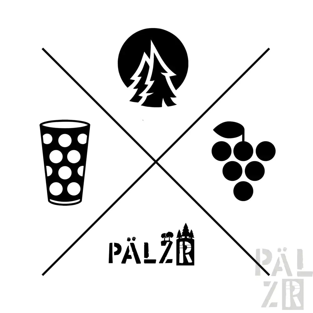 Schwarz-weiß-Logo mit einer stilisierten Kiefer, einem gepunkteten Glas und einer Traubenrispe, die in einem X-Muster angeordnet sind, mit dem Wort ’pálzir’ darunter.