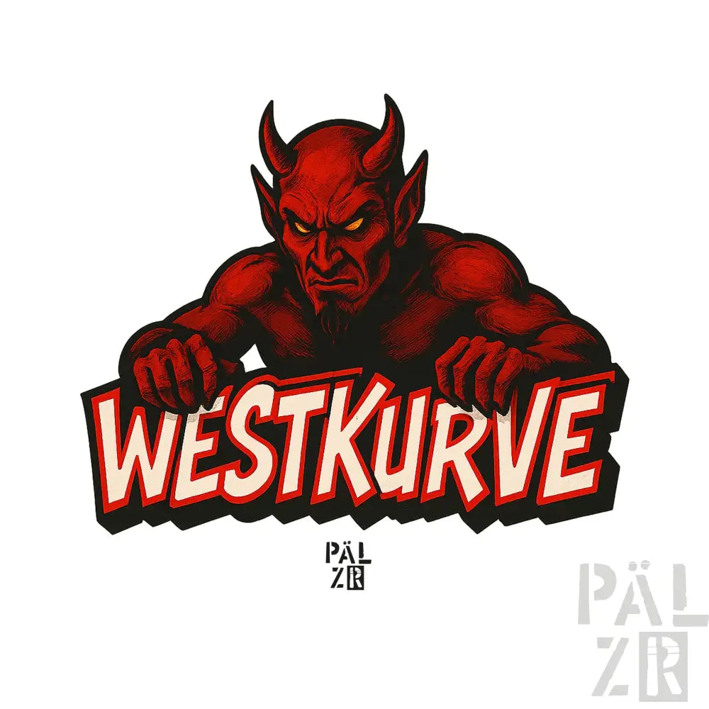 Rotes Teufel-Maskottchen-Logo mit fetten roten und schwarzen Buchstaben für ’westkurve’ darunter.