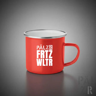 Rote emaille camping-tasse pärzr mit silbernem rand und weißer lettering für outdoor und camping