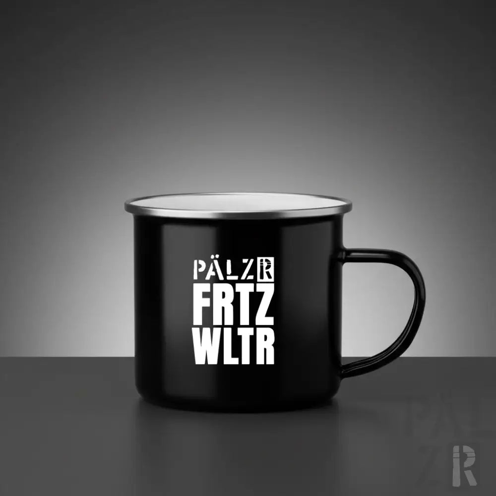 Schwarze emaillierte camping-tasse pälzr mit silbernem rand und weißer gestapelter schrift