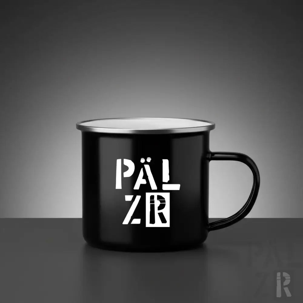 Schwarze emaillierte camping-tasse mit silbernem rand und weißem päl zr schriftzug für outdoor nutzen