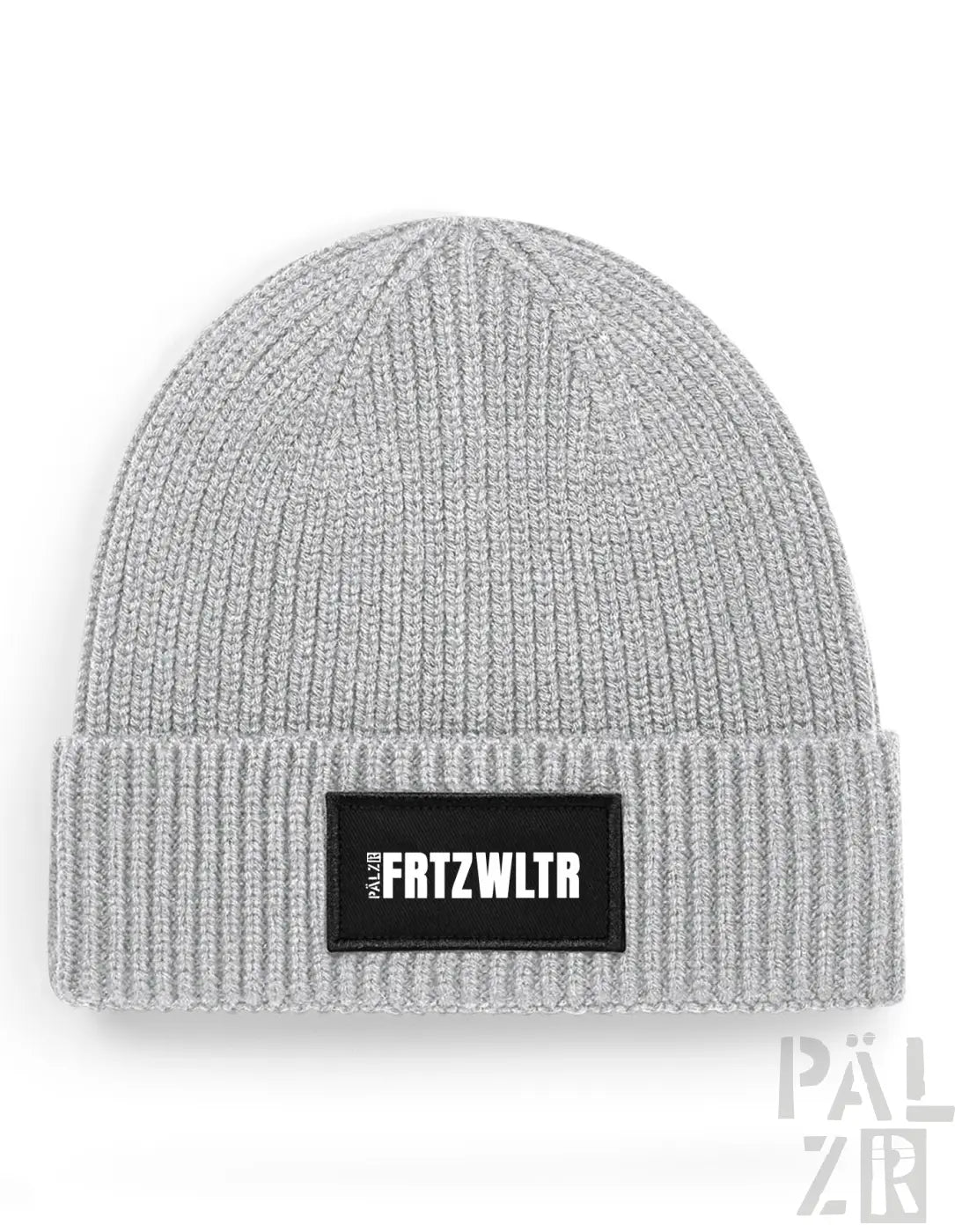 Graue gerippte Mütze mit ’frtzwltr’-Patch.