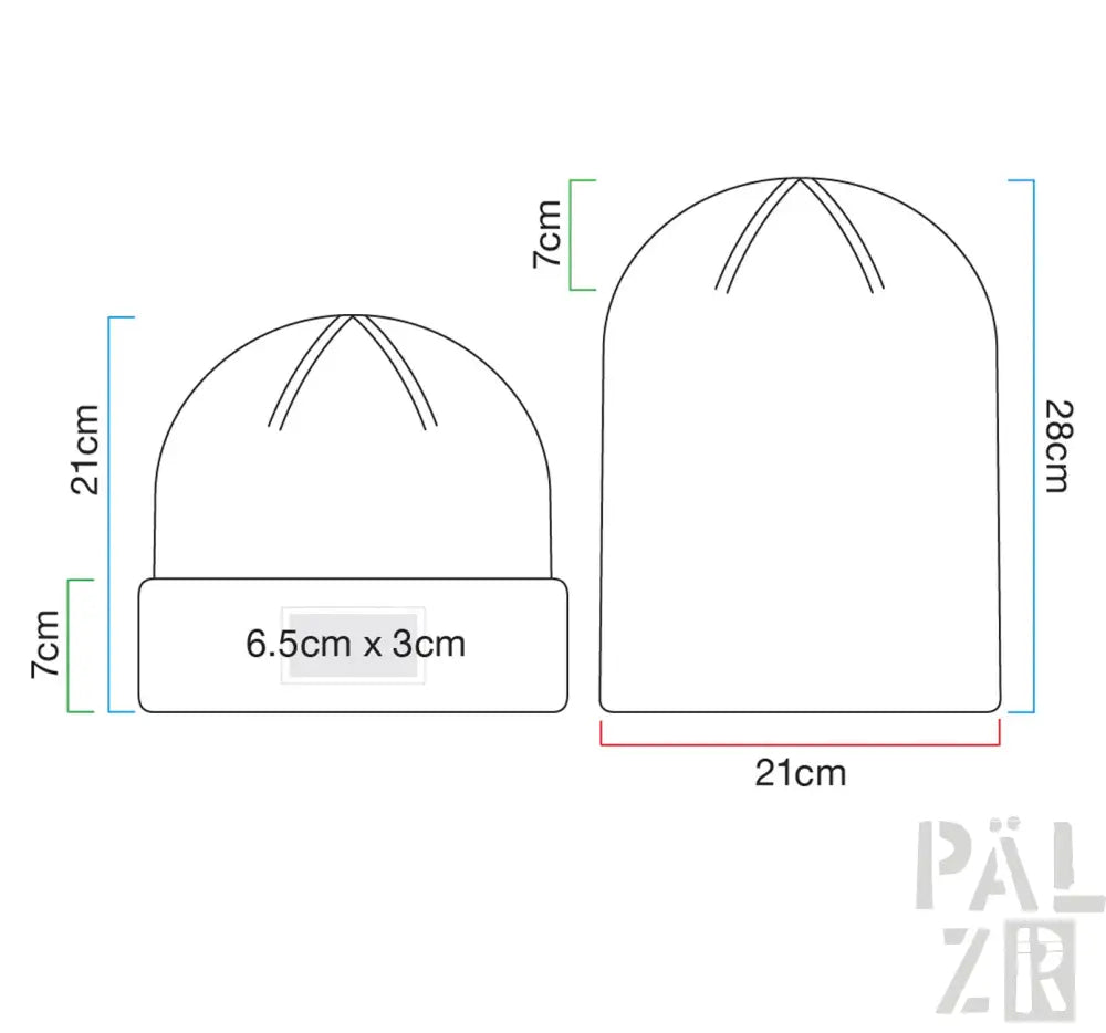 Schwarze Beanie mit weißer Naht und einem 6,5 cm x 3 cm Patch auf der Vorderseite